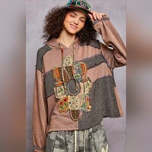 POL Patchwork Flower Hoodie in Brown and Gray